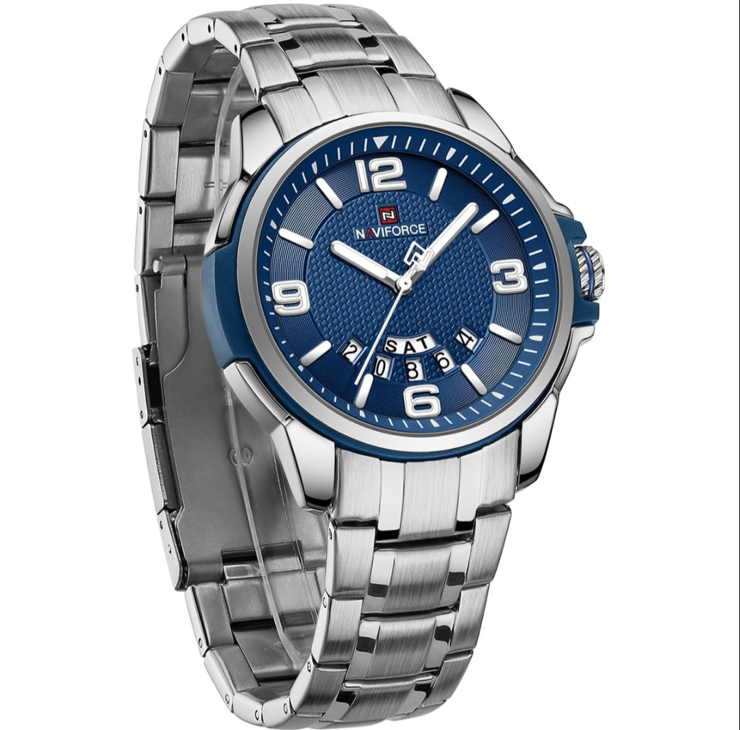 Naviforce Luxurious Casual Men's Quartz Watch Stainless Steel Business Wrist watch Waterproof Luminous Clock Relogio, NF9215S. Silver and Blue.
