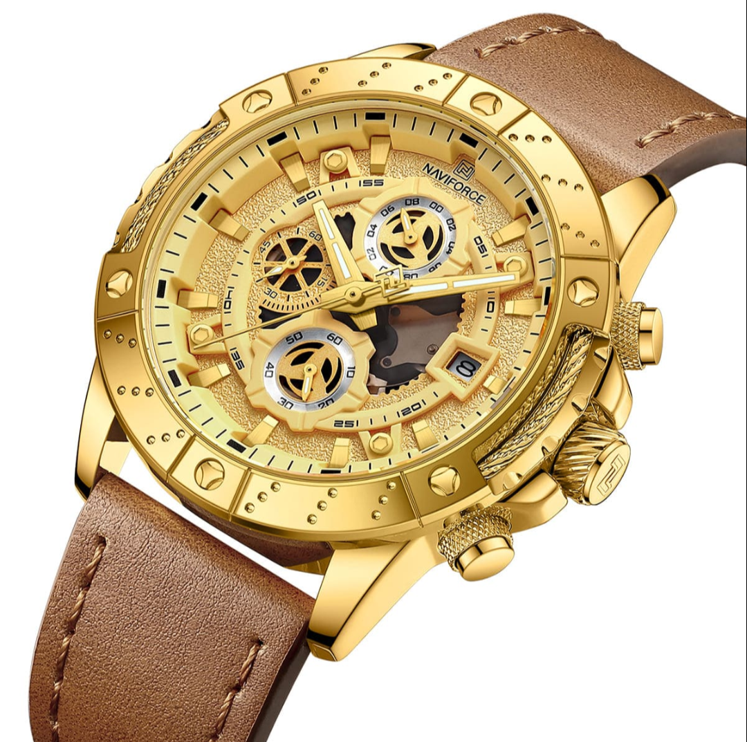 Naviforce Luxurious Wrist Watch For Men High Quality Multifunction Chronograph Leather Business Sports Wrist watch, NF8055. Gold and Brown.