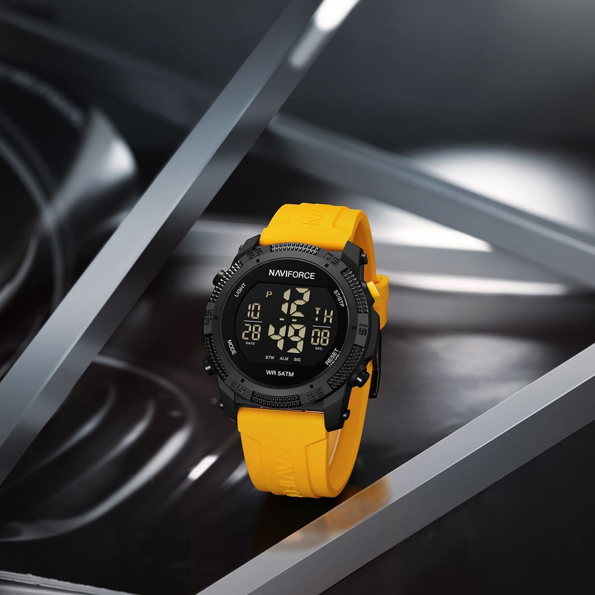 Naviforce Digital Quartz New Luxury Wrist Watch For Men, NF7104. Black and Yellow.