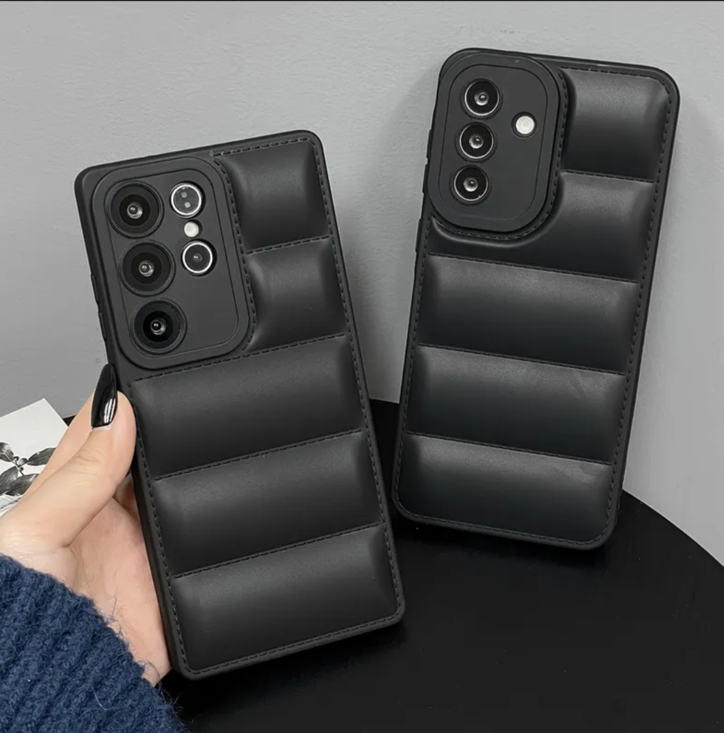 New Trendy Fashion Airbag Down Jacket Anti-Drop Phone Case for Samsung Galaxy S25 Ultra, S24 Ultra, S24, S23 Ultra, A55, Black.