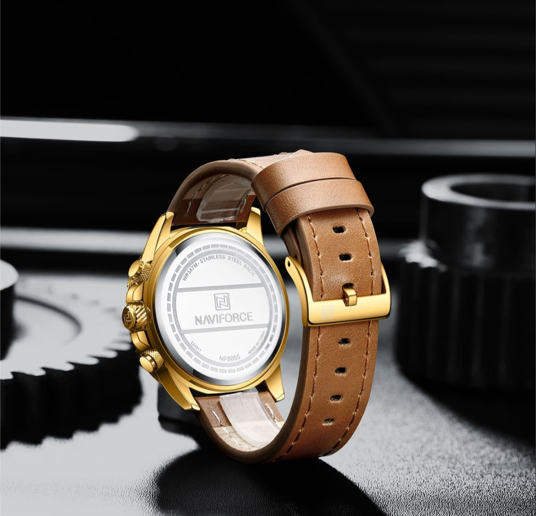 Naviforce Luxurious Wrist Watch For Men High Quality Multifunction Chronograph Leather Business Sports Wrist watch, NF8055. Gold and Brown.