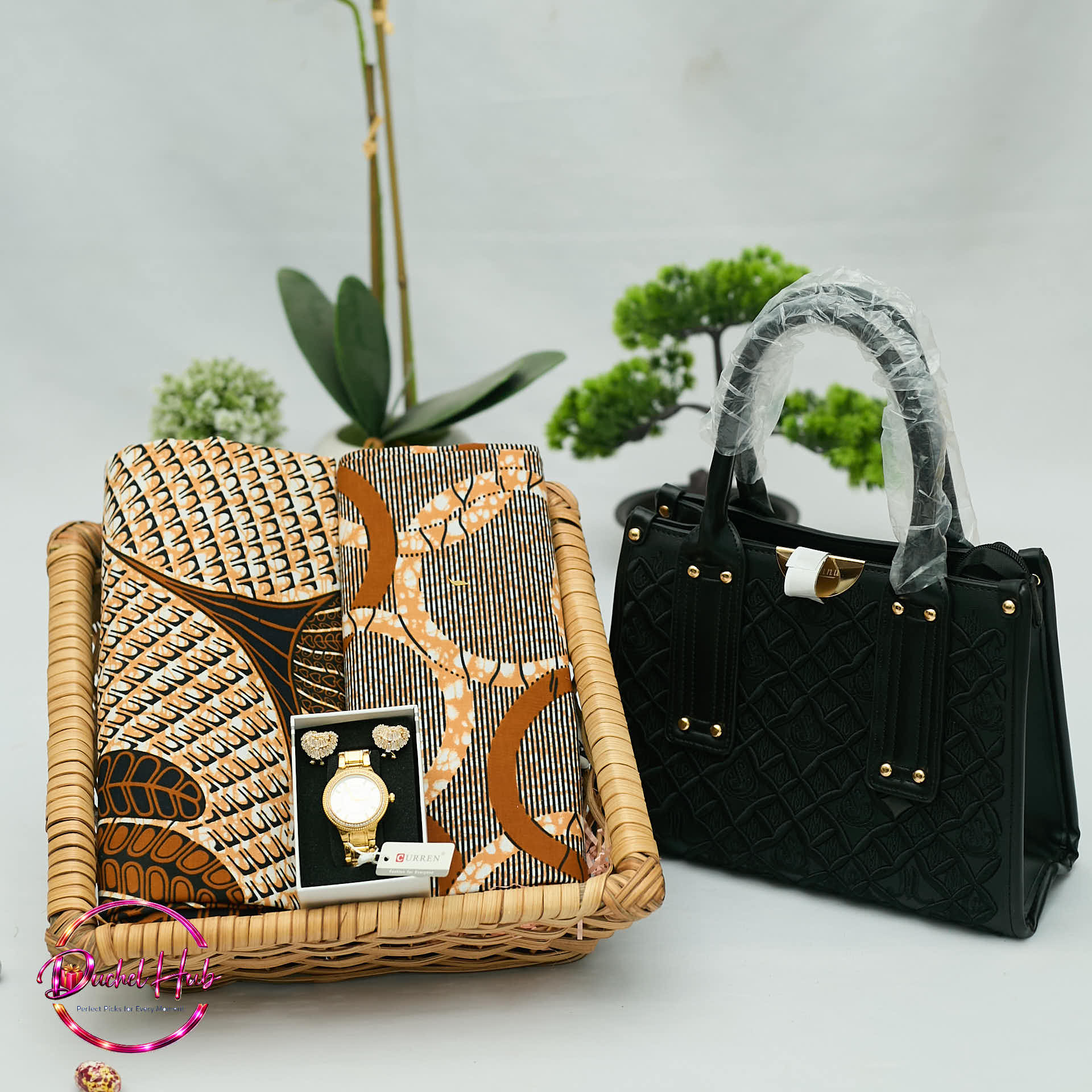 Elegant African Print Fabric, Handbag &amp; Watch Gift Set