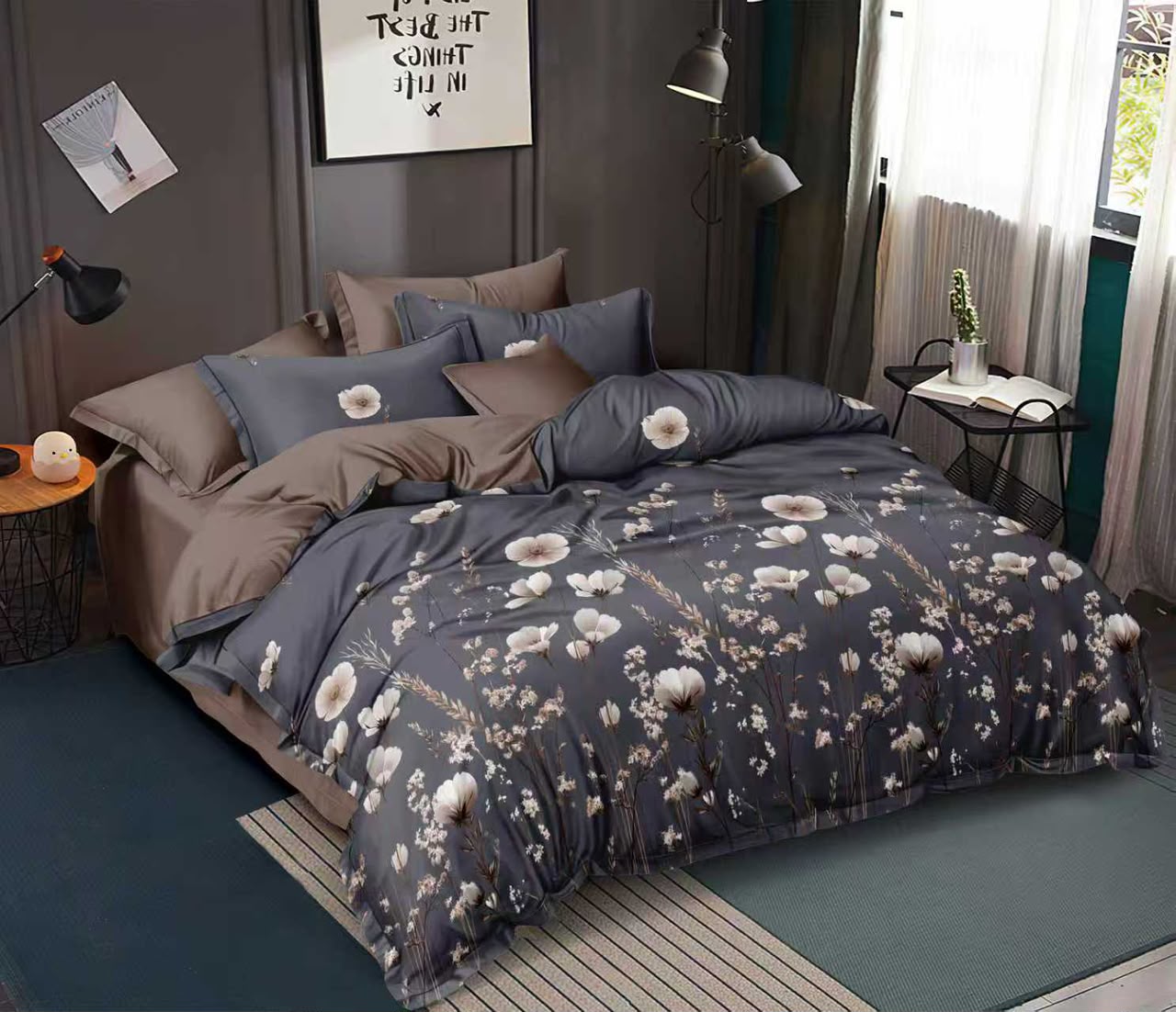 Floral Grey &amp; Taupe Duvet Cover Set - Queen/King Size