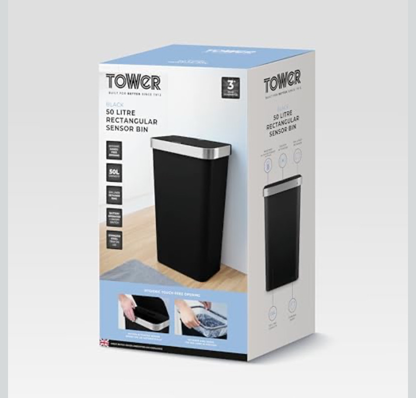 Tower Rectangular Abs Sensor Bin With Bin Liner Retainer , 50l, Black