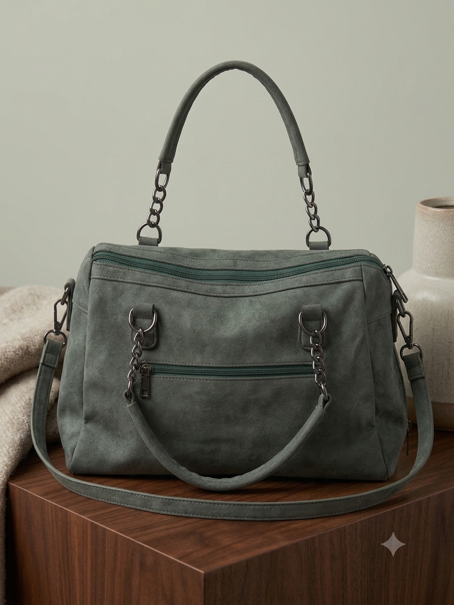 Women's Green Suede Tote Bag with Chain Detail