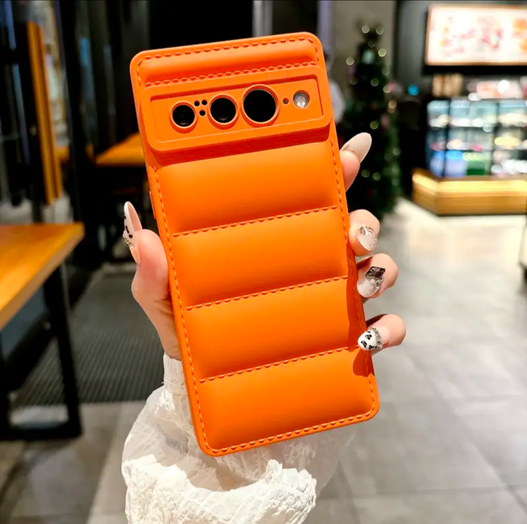 Stylish Minimalist Down Jacket Phone Case Designed for Stress And Shock Protection, Compatible With Google Pixel 8 Pro, Ivory White, Orange.