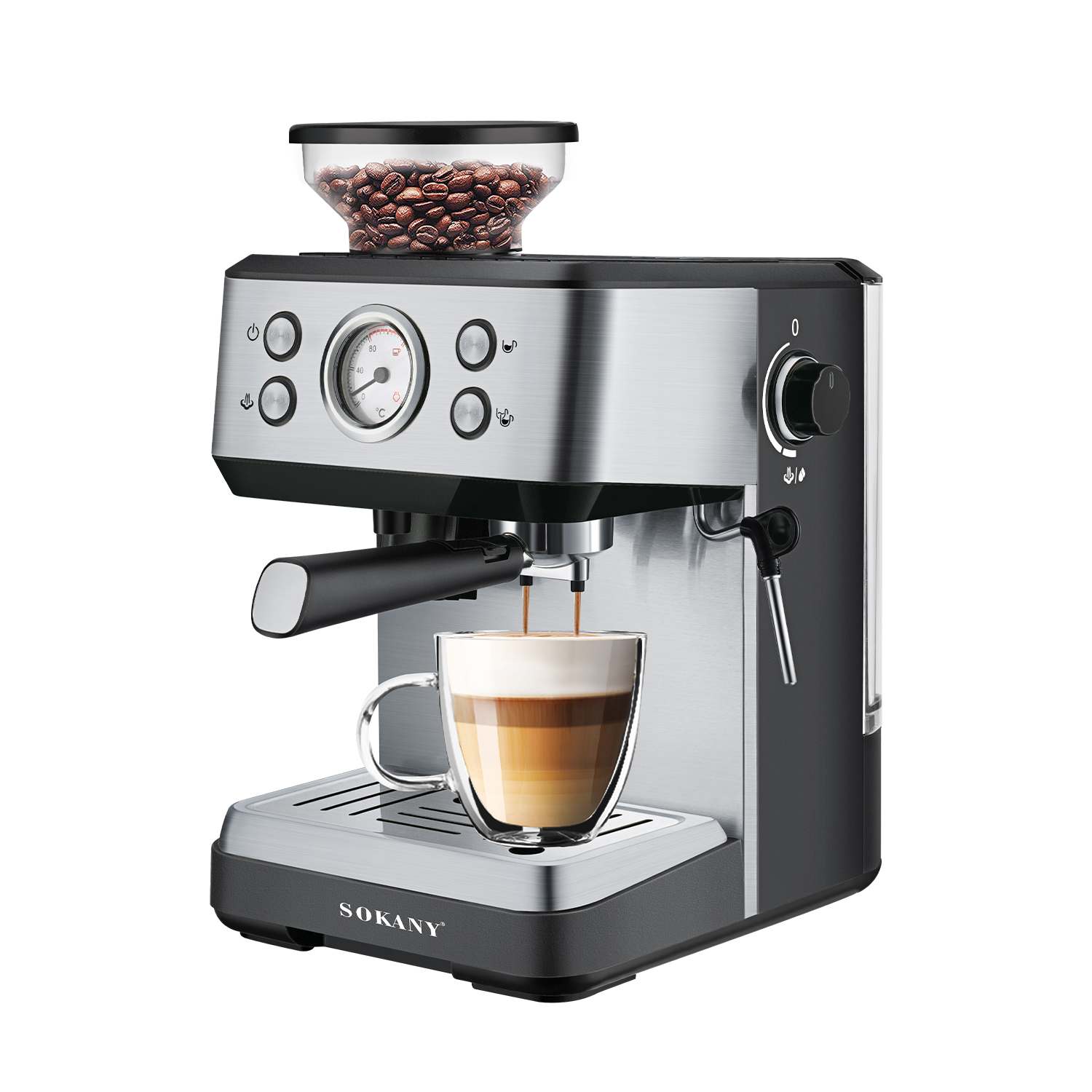 Sokany Espresso Coffee Machine 4 in 1 - 1400 Watt, 20 Bar, 1.6 Liter Silver