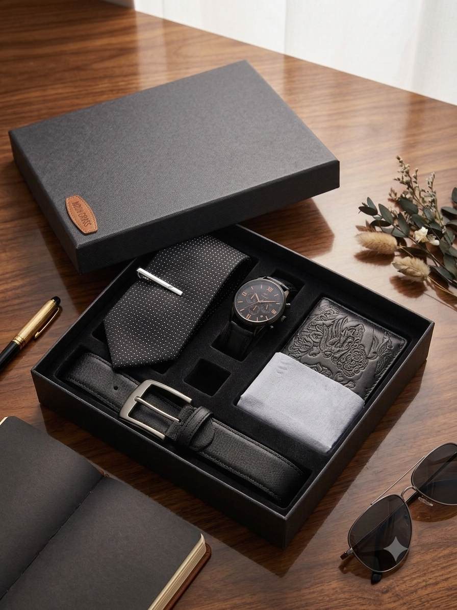 MORN GRASS Men's Gift Set: Watch, Belt, Tie, Wallet