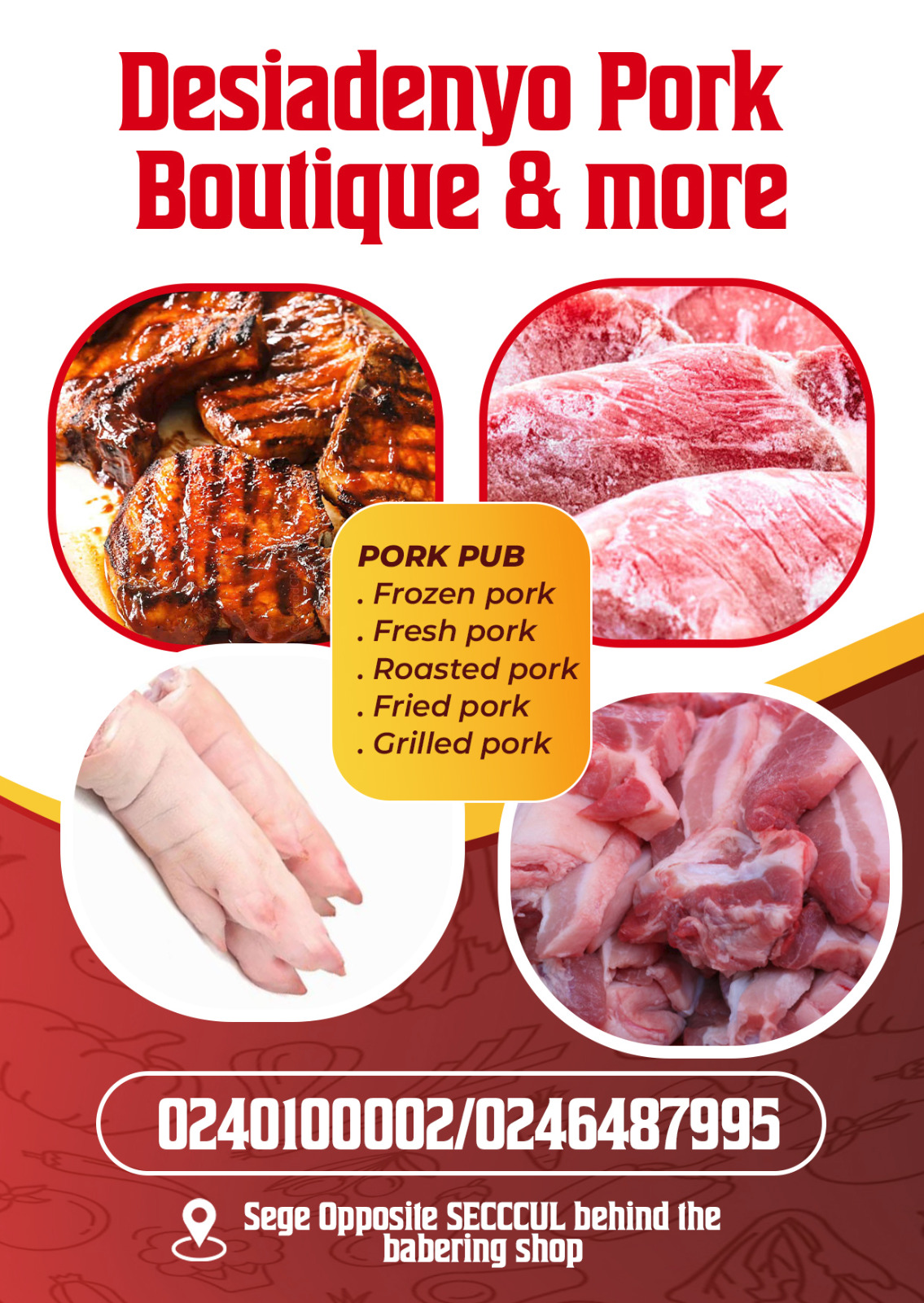 This is an advertisement for a pork boutique, not an electronics product. Therefore, I cannot generate an electronics product title based on the provided image.

If you would like a title for the pork