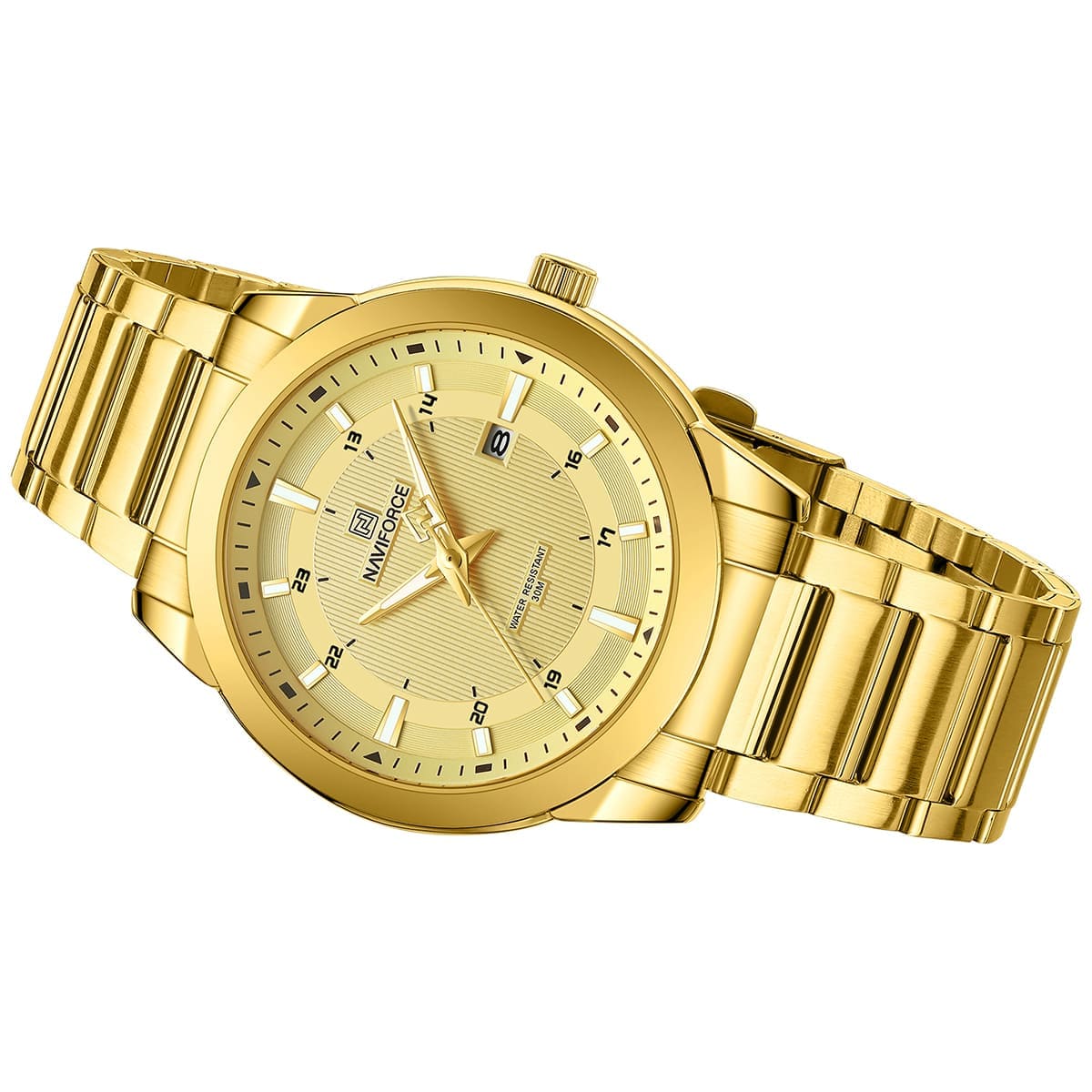 Naviforce 2024 Top Brand Mens Watch Stainless Steel Strap Casual Male Quartz Sports Wrist Watch Luxury Waterproof Date Clock, NF8020. Gold.