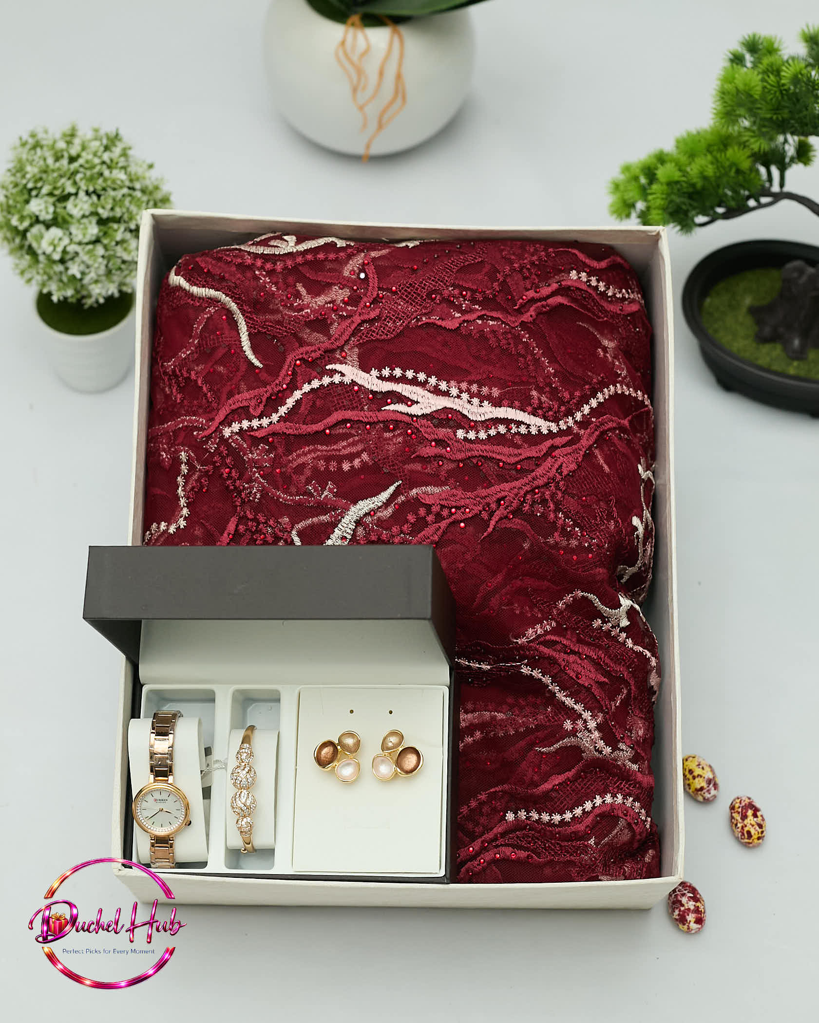 Elegant Maroon Lace Saree &amp; Jewelry Gift Set for Her