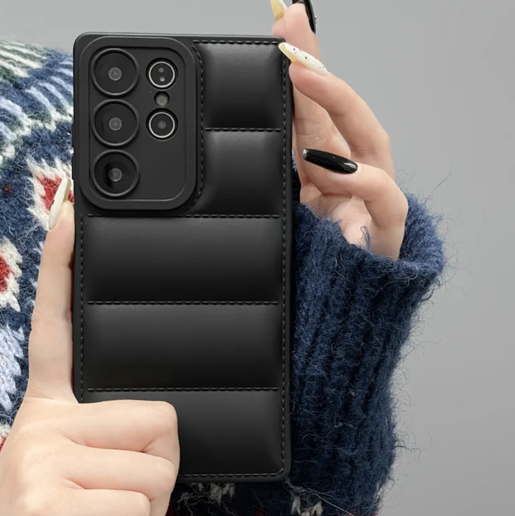 New Trendy Fashion Airbag Down Jacket Anti-Drop Phone Case for Samsung Galaxy S25 Ultra, S24 Ultra, S24, S23 Ultra, A55, Black.