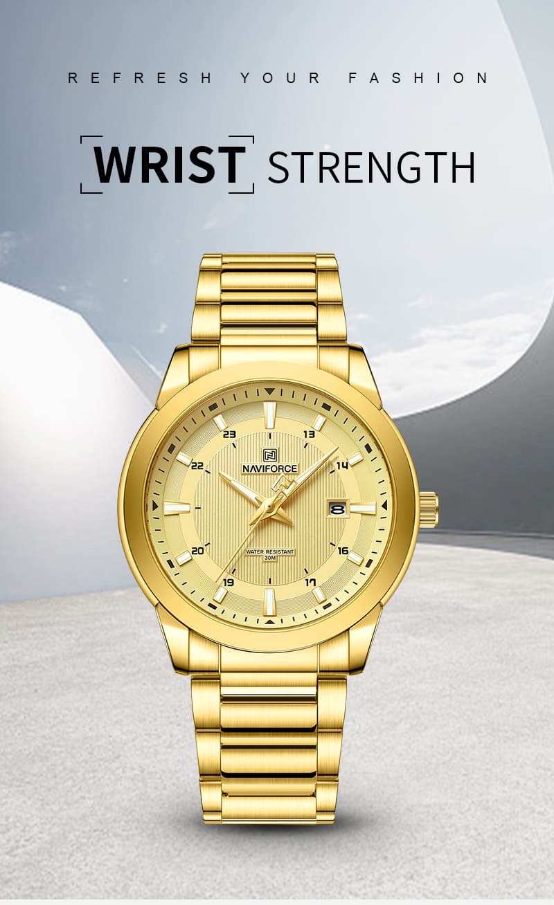 Naviforce 2024 Top Brand Mens Watch Stainless Steel Strap Casual Male Quartz Sports Wrist Watch Luxury Waterproof Date Clock, NF8020. Gold.