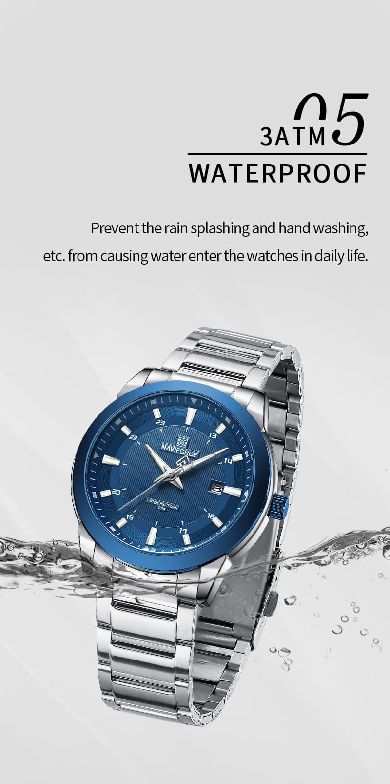 NAVIFORCE Men's Blue Dial Stainless Steel Date Watch 30M WR