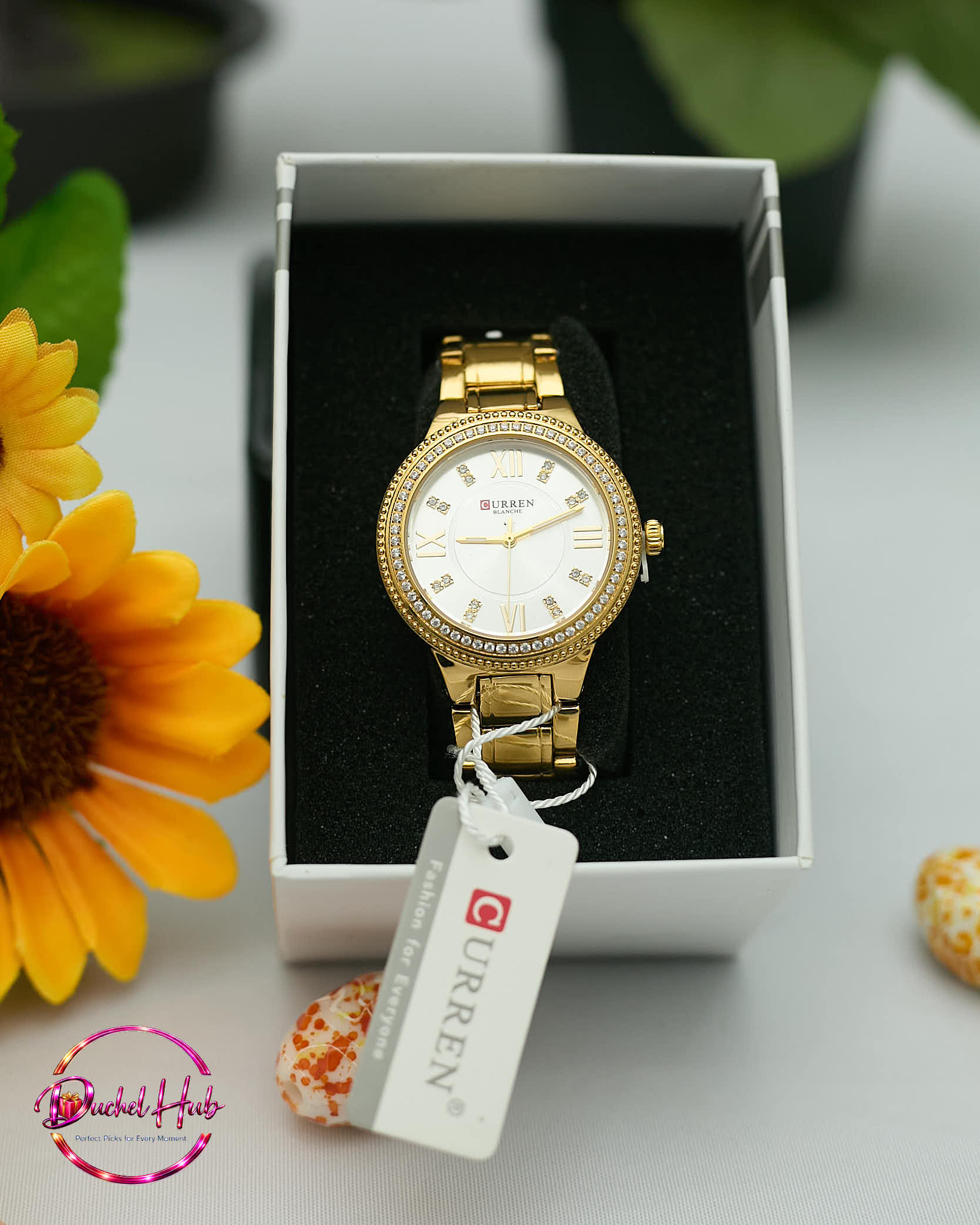 Elegant Curren Blanche Gold Women's Rhinestone Watch