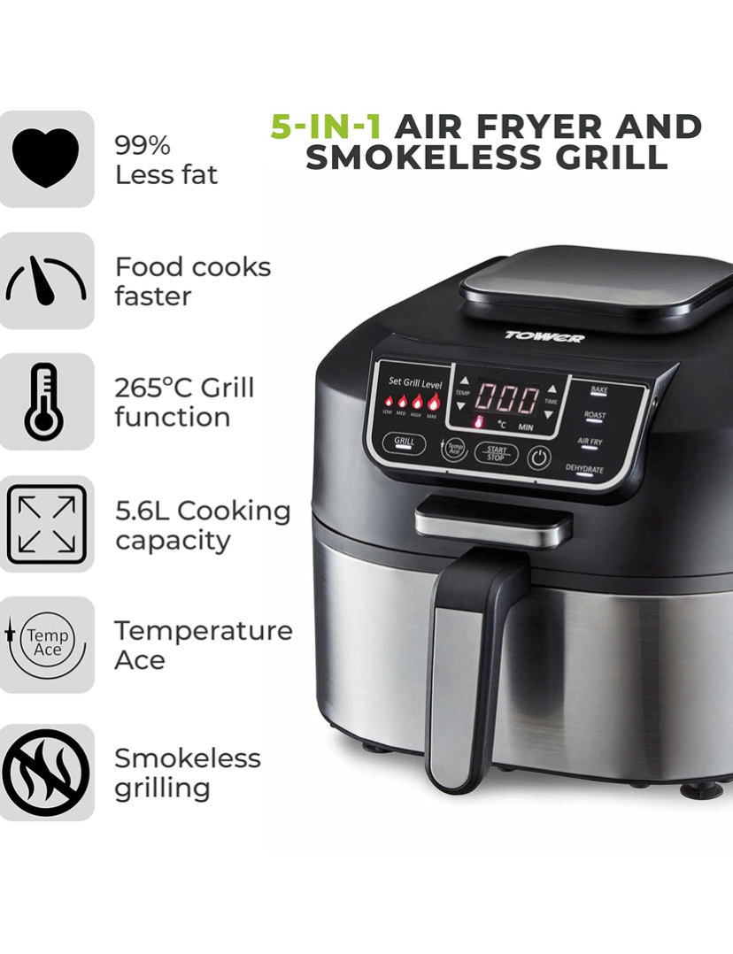 Tower Vortx 5 In 1 Air Fryer And Grill With Crisper, 5.6l, Black