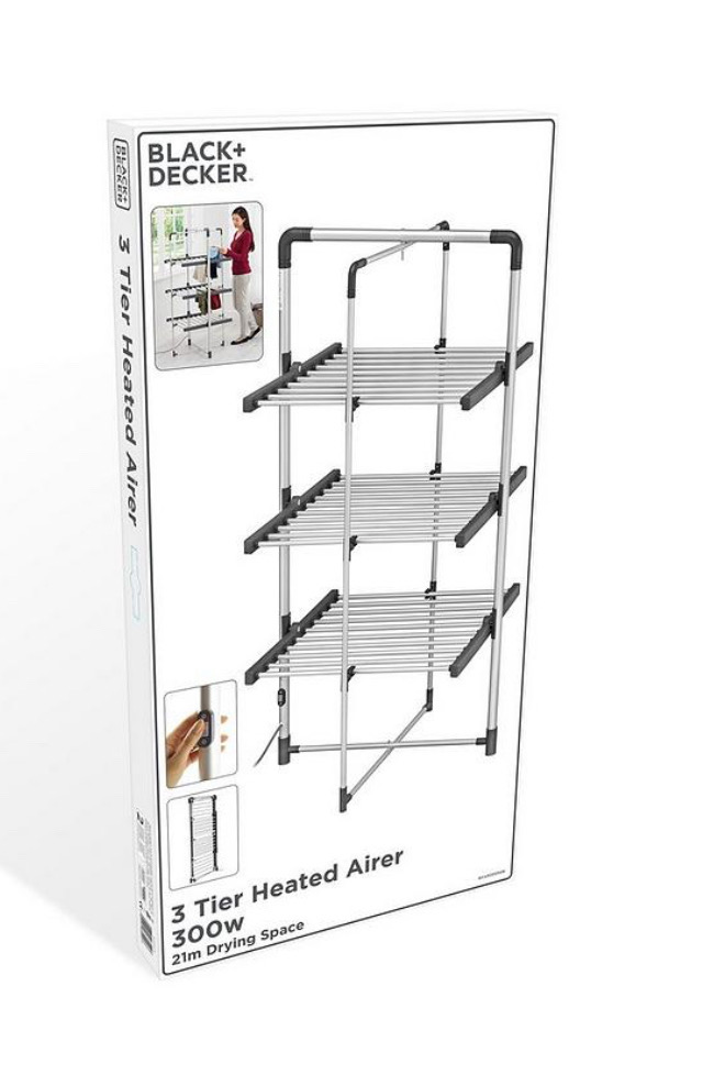 Black and Decker 3 Tier Heated Clothes Airer Aluminum , Grey