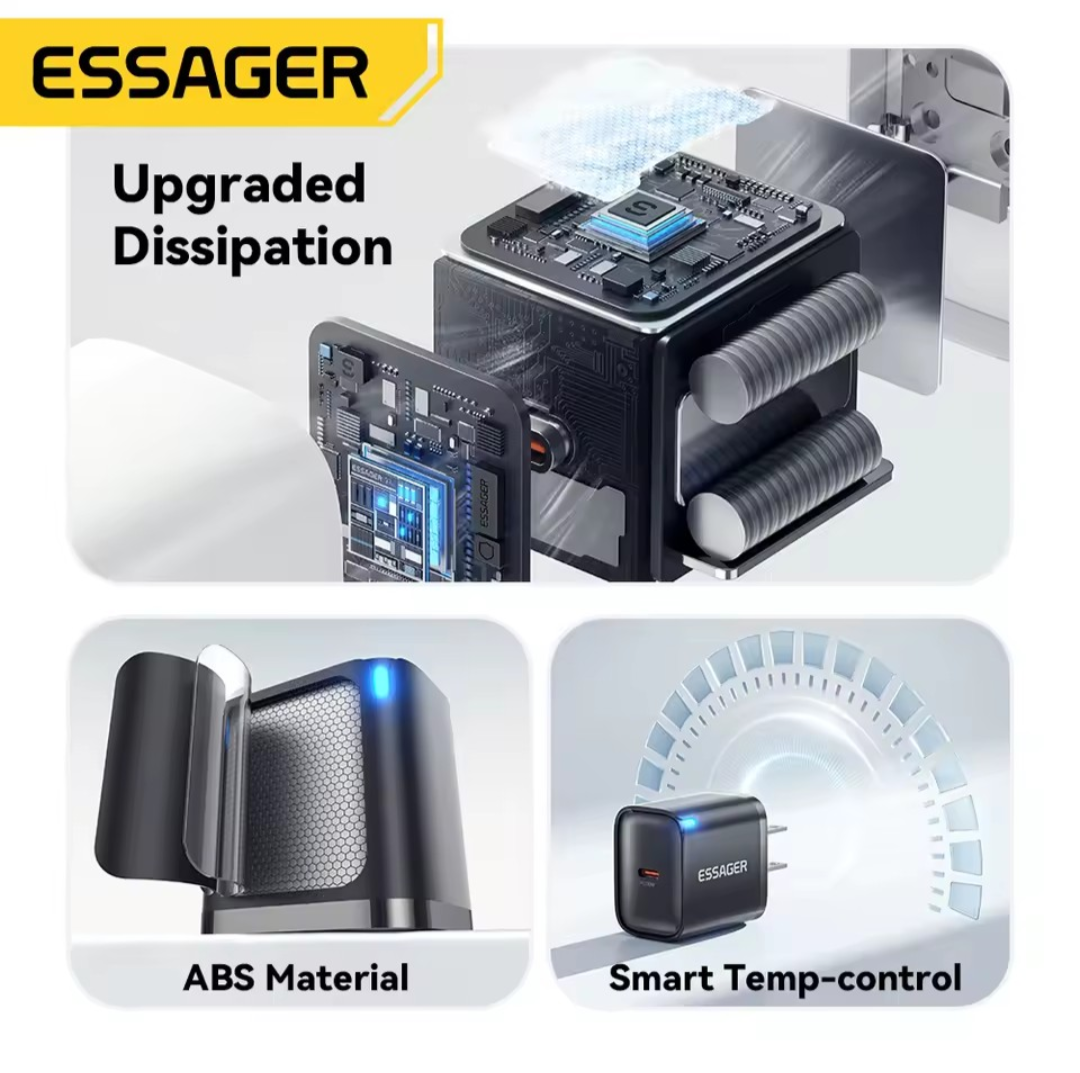 ESSAGER Mini 30W Type C Charger PD QC3.0 Fast Type C Charger Travel Adapter, Black.