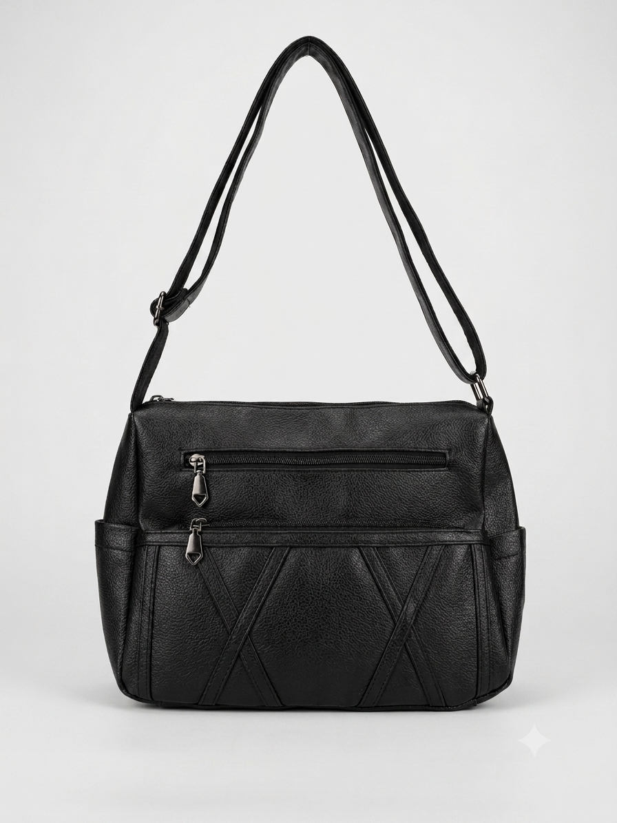 Black Faux Leather Crossbody Bag with Multiple Zippers