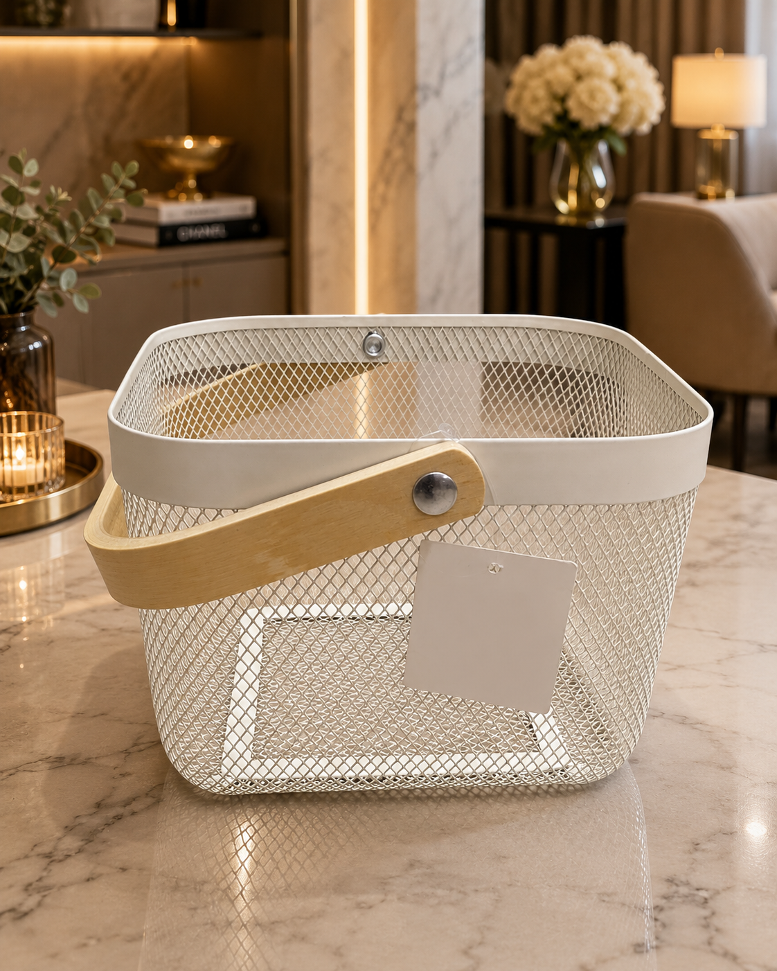 White Metal Mesh Storage Basket with Wood Handle