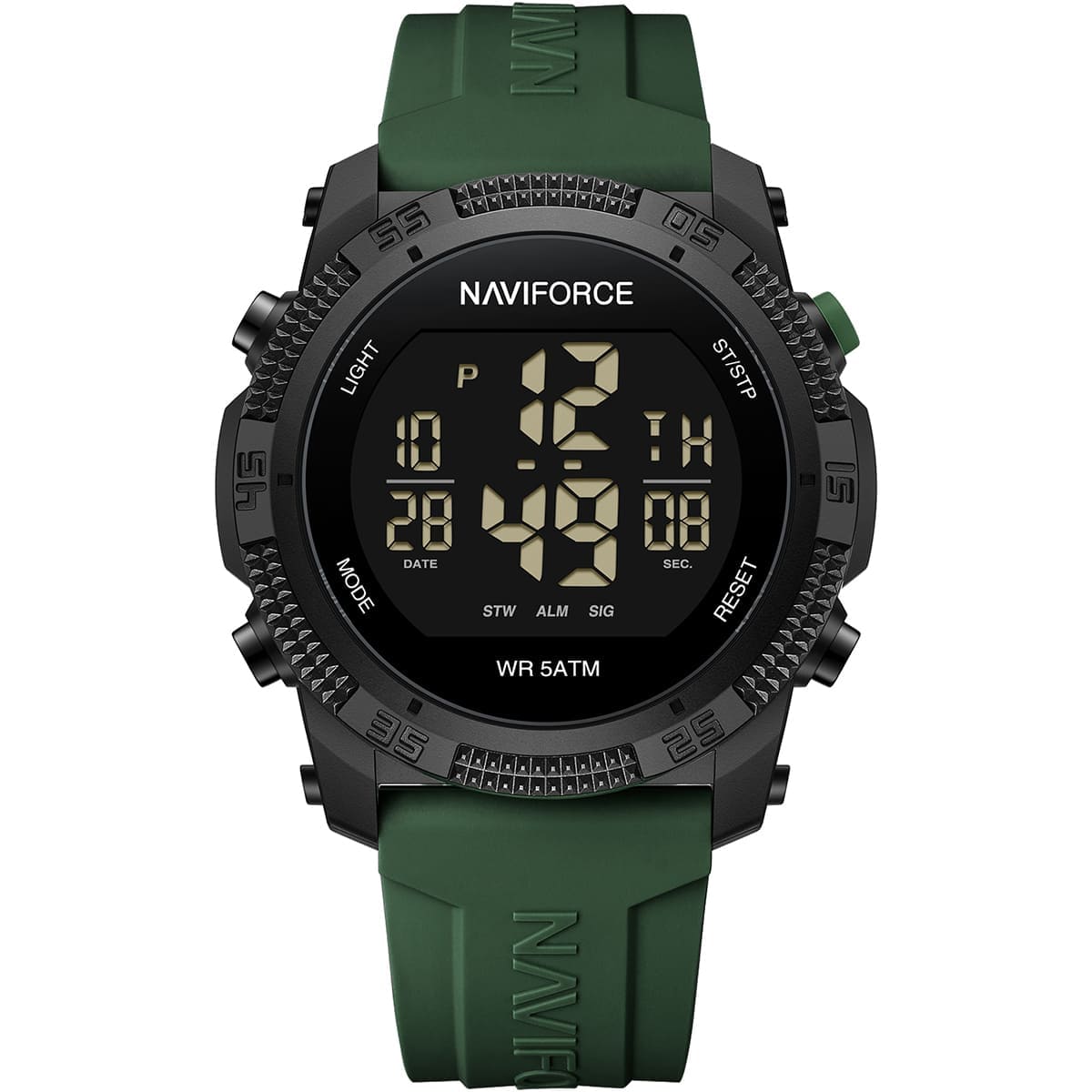 Naviforce Digital Display Sports Silicon Strap Quartz Wrist Watch, NF7104. Black and Green.