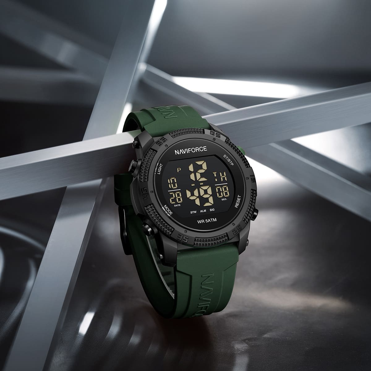 Naviforce Digital Display Sports Silicon Strap Quartz Wrist Watch, NF7104. Black and Green.