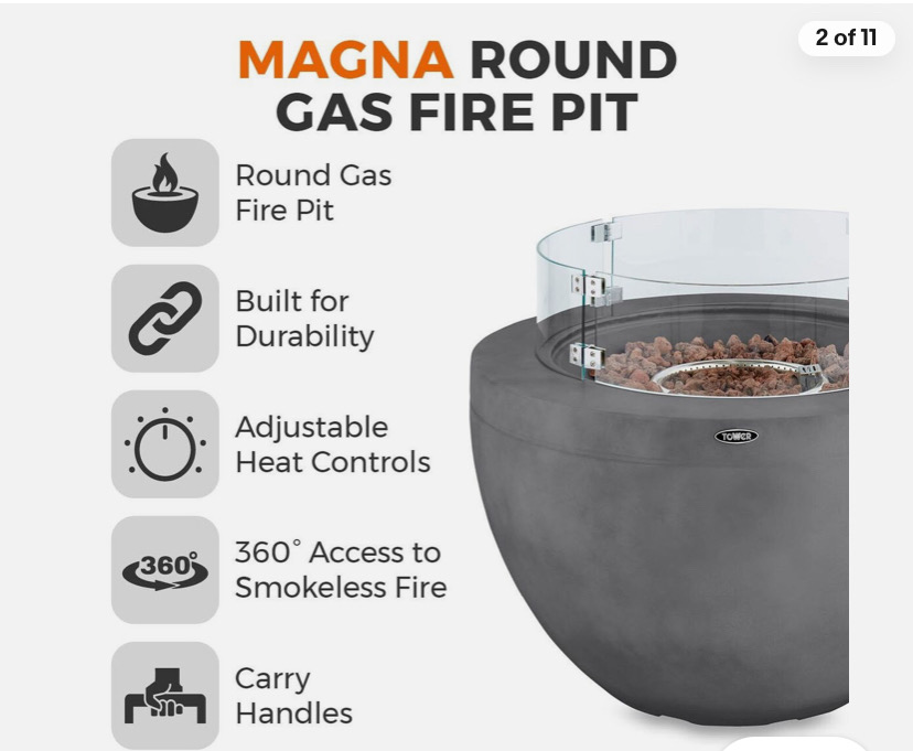Tower Magna Gas Fire Pit With Smokeless Flame, Round, Magnesium Oxide