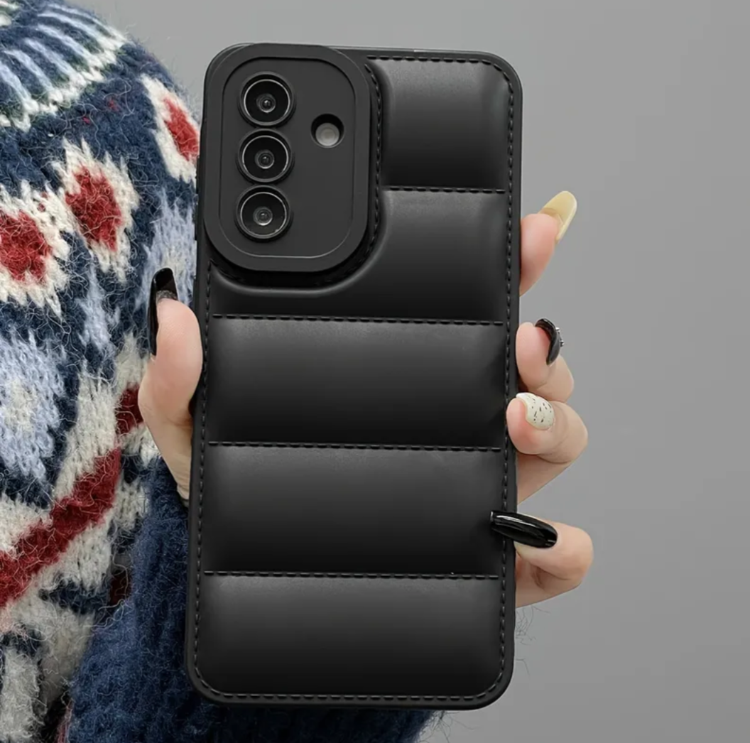 New Trendy Fashion Airbag Down Jacket Anti-Drop Phone Case for Samsung Galaxy S25 Ultra, S24 Ultra, S24, S23 Ultra, A55, Black.