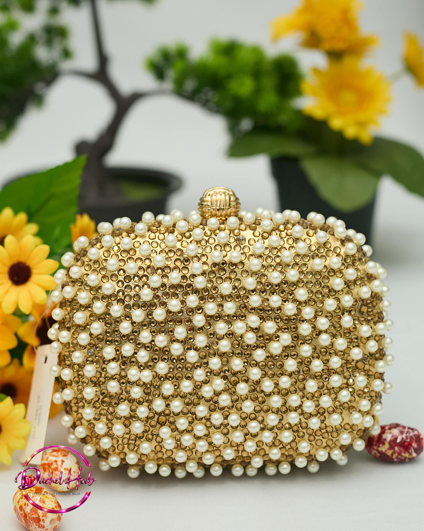 Elegant Gold Pearl Beaded Evening Clutch Bag
