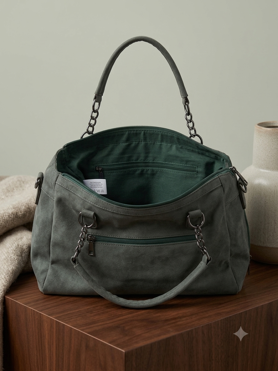 Women's Green Suede Tote Bag with Chain Detail
