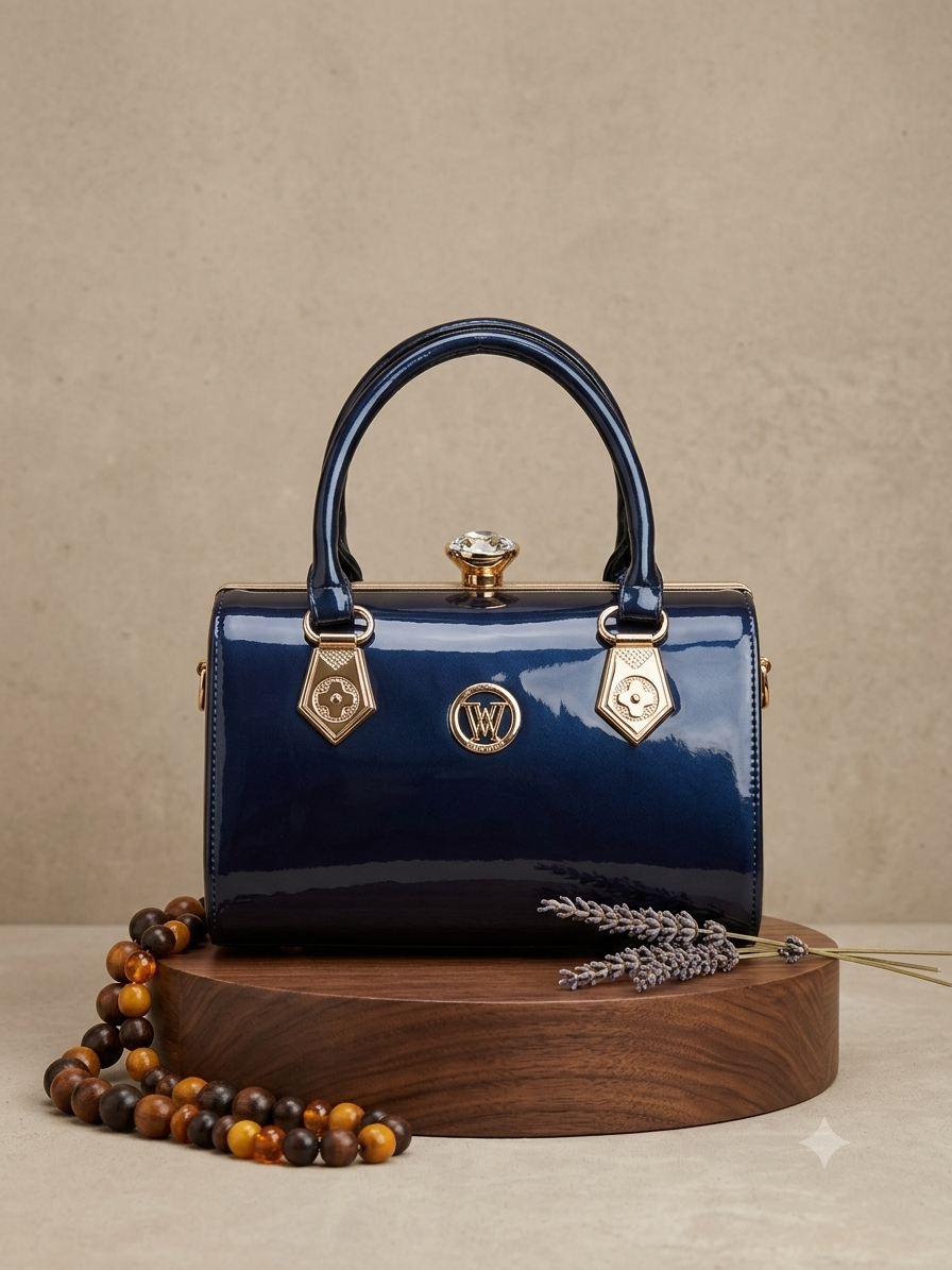 Wanda Midnight Blue Patent Shine Top Handle Bag