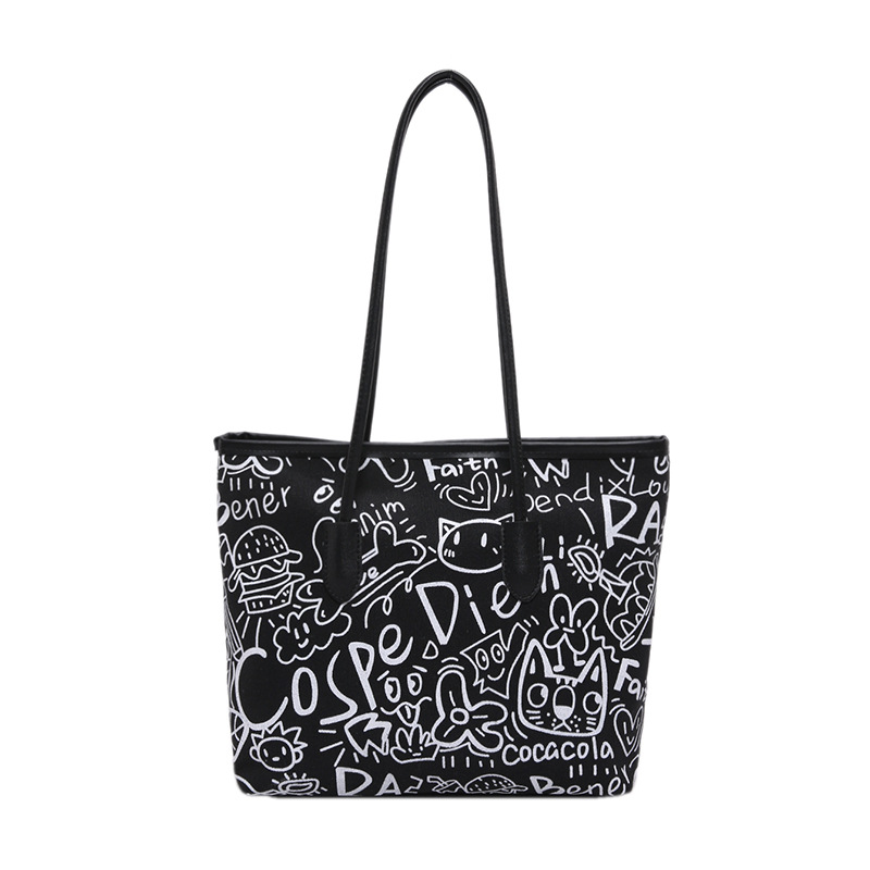 Trendy  doodle tote bag with plush charm - Available in black, white &amp; pink