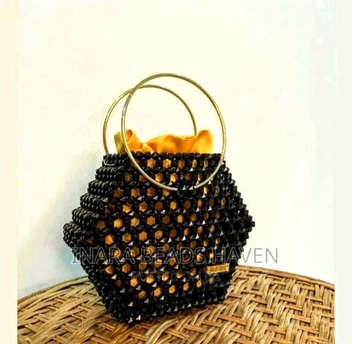Handmade Geometric Beaded Tote Bag with Gold Handles