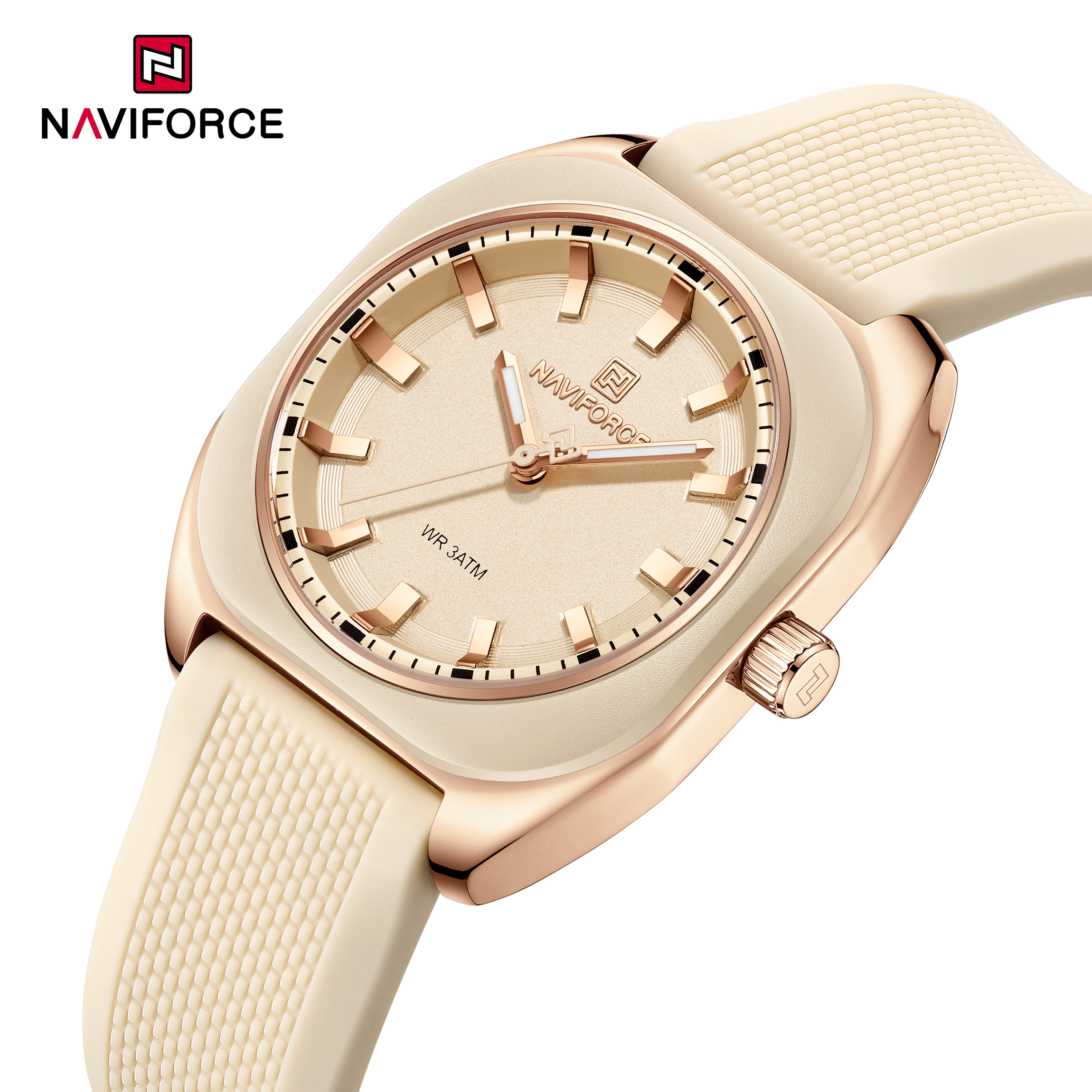 Naviforce Fashion Women's Casual Elegant Simple Polygon Quartz Silicone Watch Gift for Women, NF5061. Rose Gold.