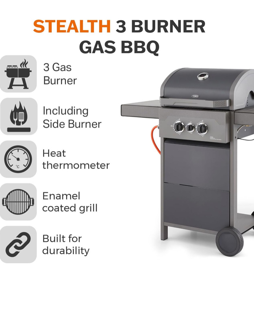 Tower T978500 Stealth 3 Burner 2+1 Gas Bbq, Including Side Burner,