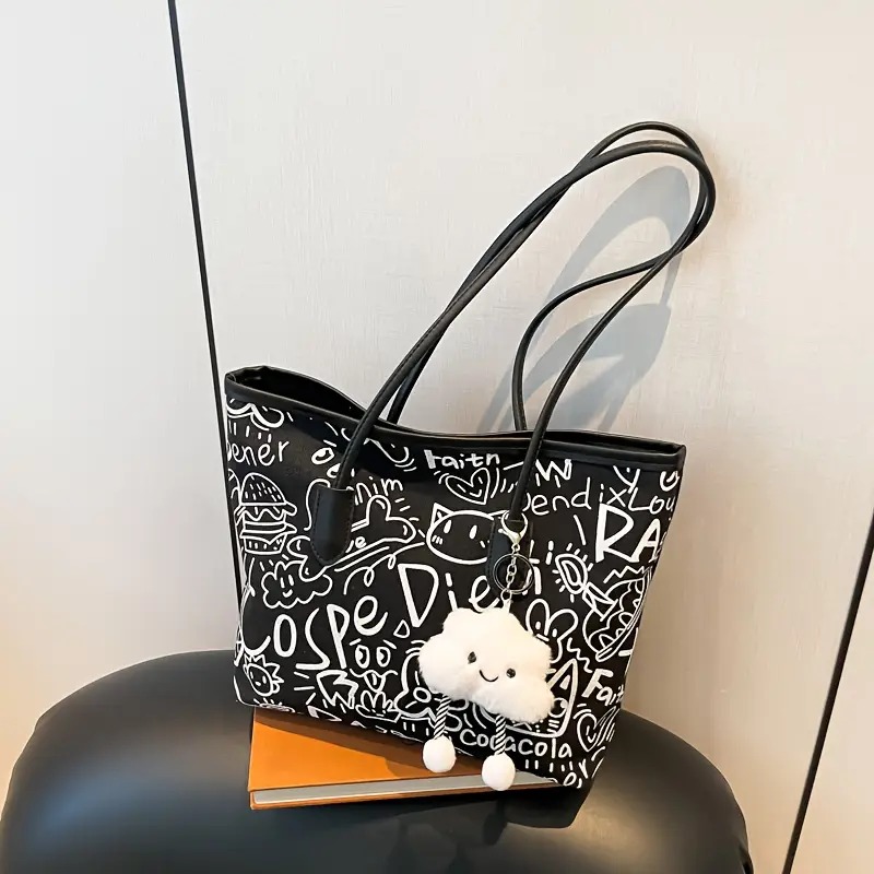 Trendy  doodle tote bag with plush charm - Available in black, white &amp; pink