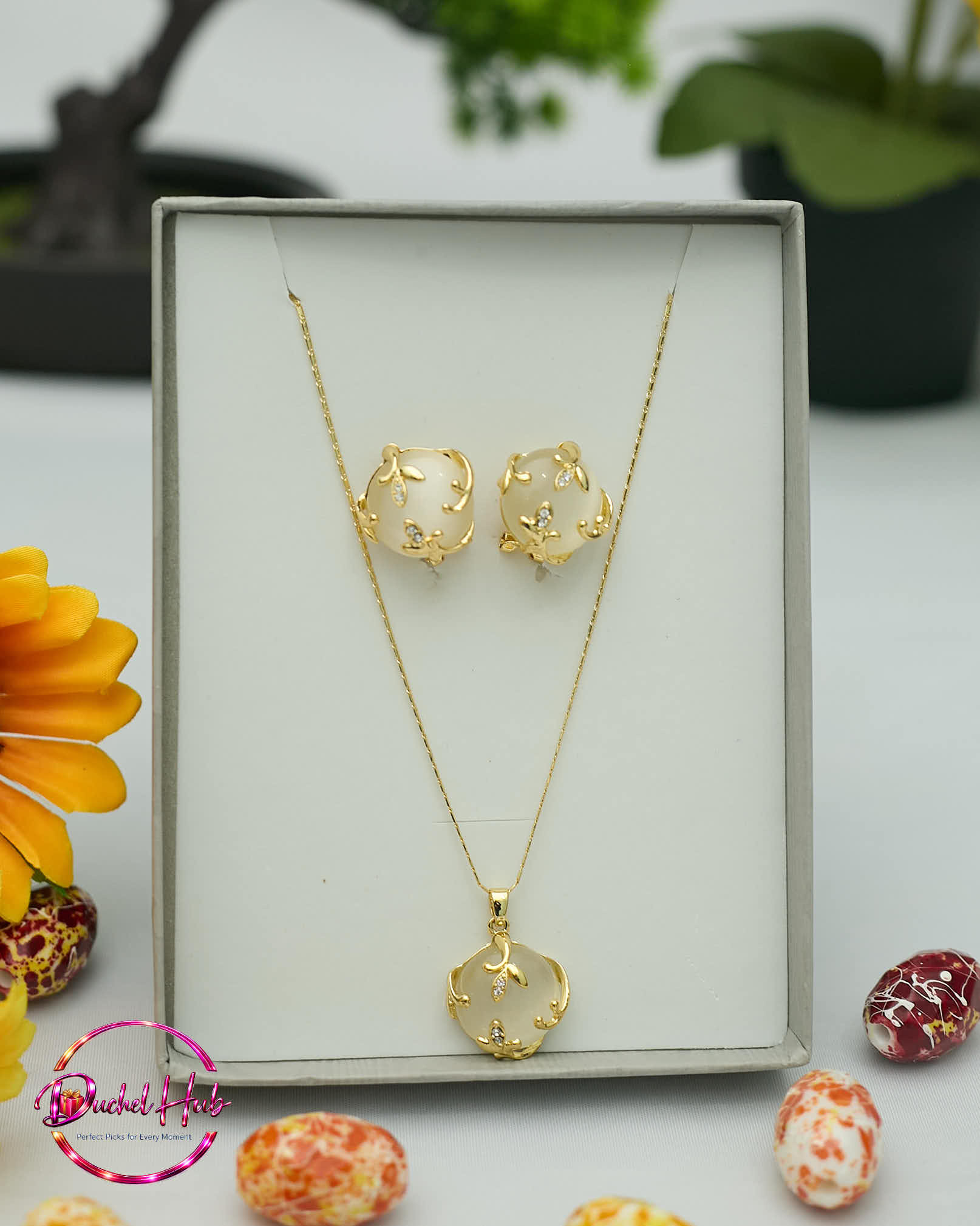Elegant Gold-Tone Floral Pendant Necklace and Earring Set