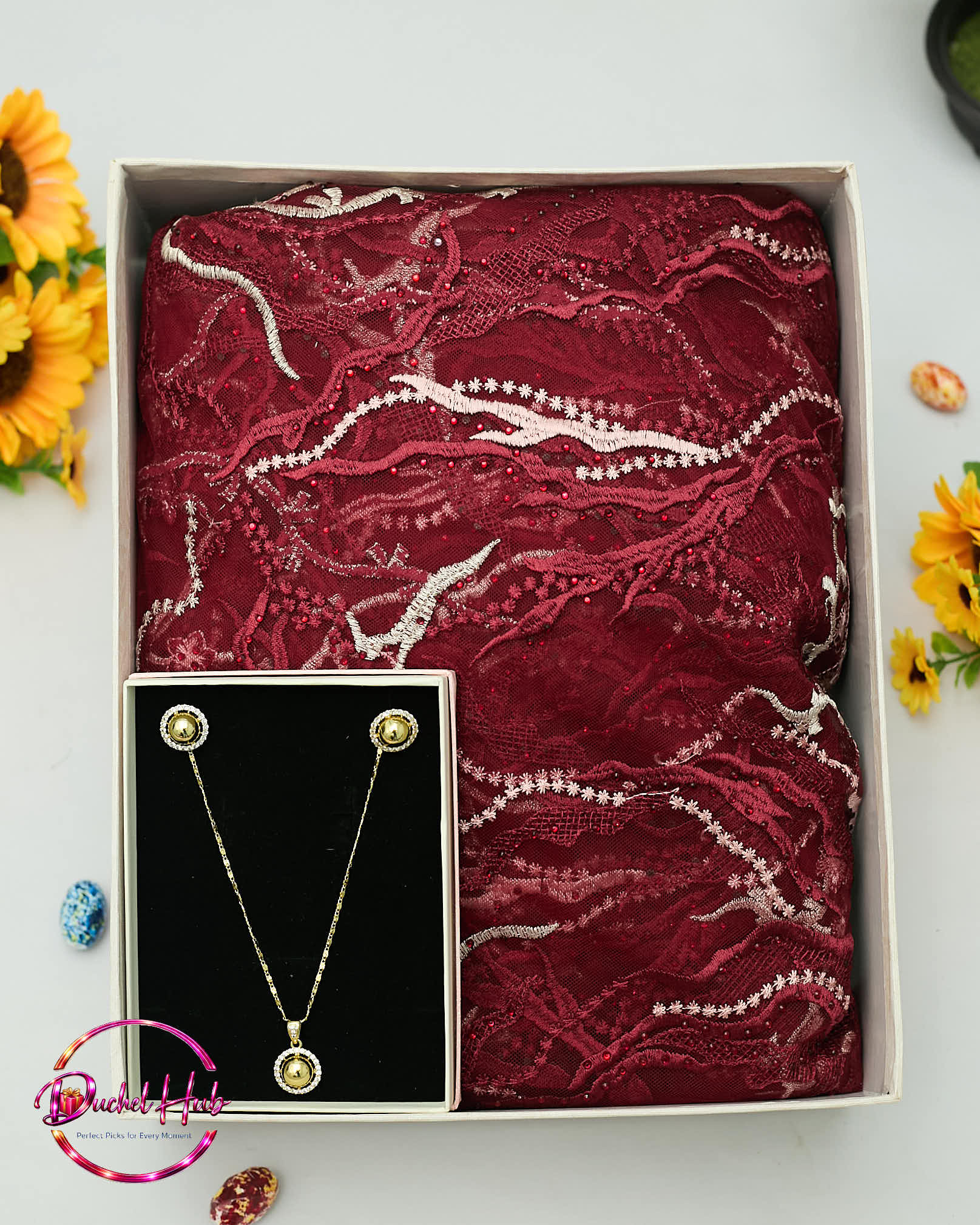 Elegant Maroon Lace Saree, African fabrics &amp; Gold-Tone Jewelry Gift Set