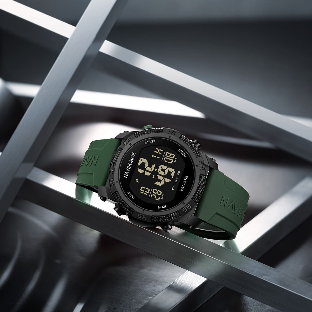 Naviforce Digital Display Sports Silicon Strap Quartz Wrist Watch, NF7104. Black and Green.