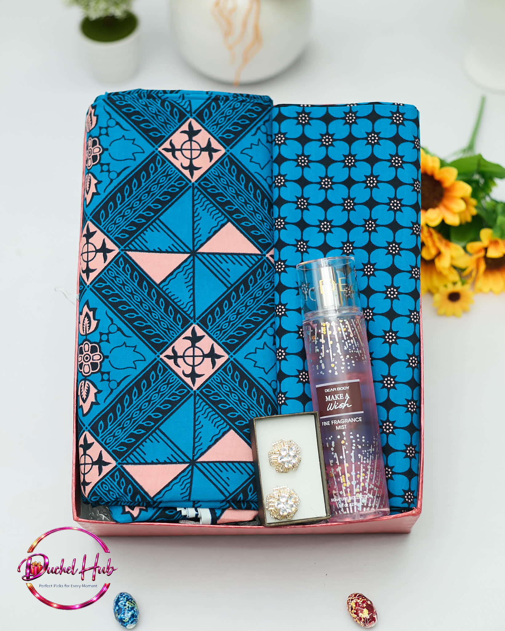 Luxury Gift Set: Ankara Fabric, Fragrance &amp; Jewelry/Beauty bar soap