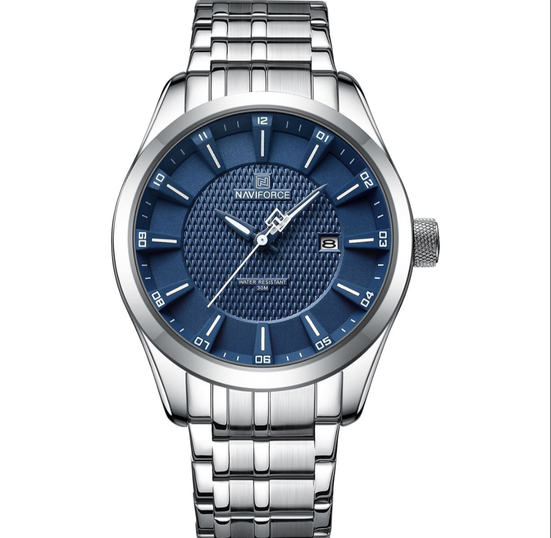 Naviforce Luxurious Men's Watch Waterproof Quartz Business Casual Wrist watch Stainless Steel Strap Date Clock Relogio Masculino, Silver and Blue