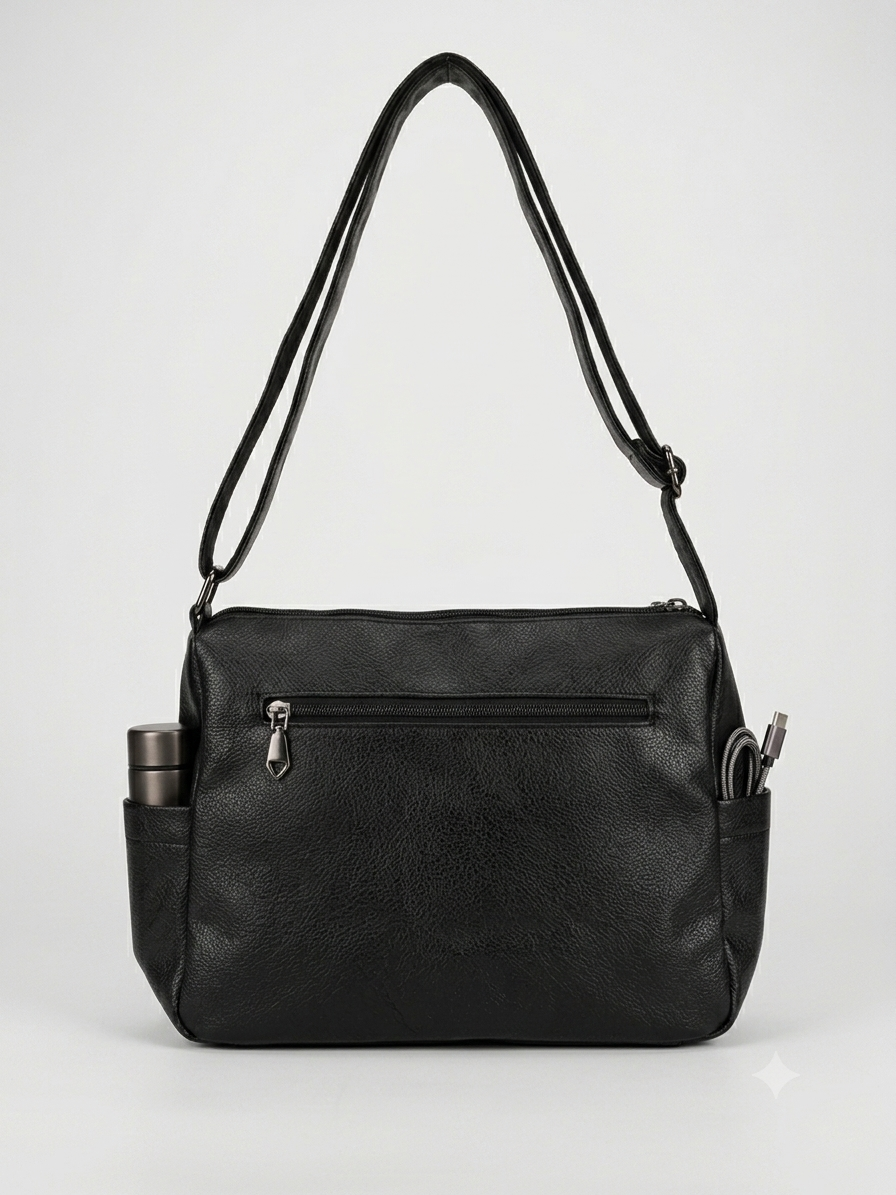 Black Faux Leather Crossbody Bag with Multiple Zippers