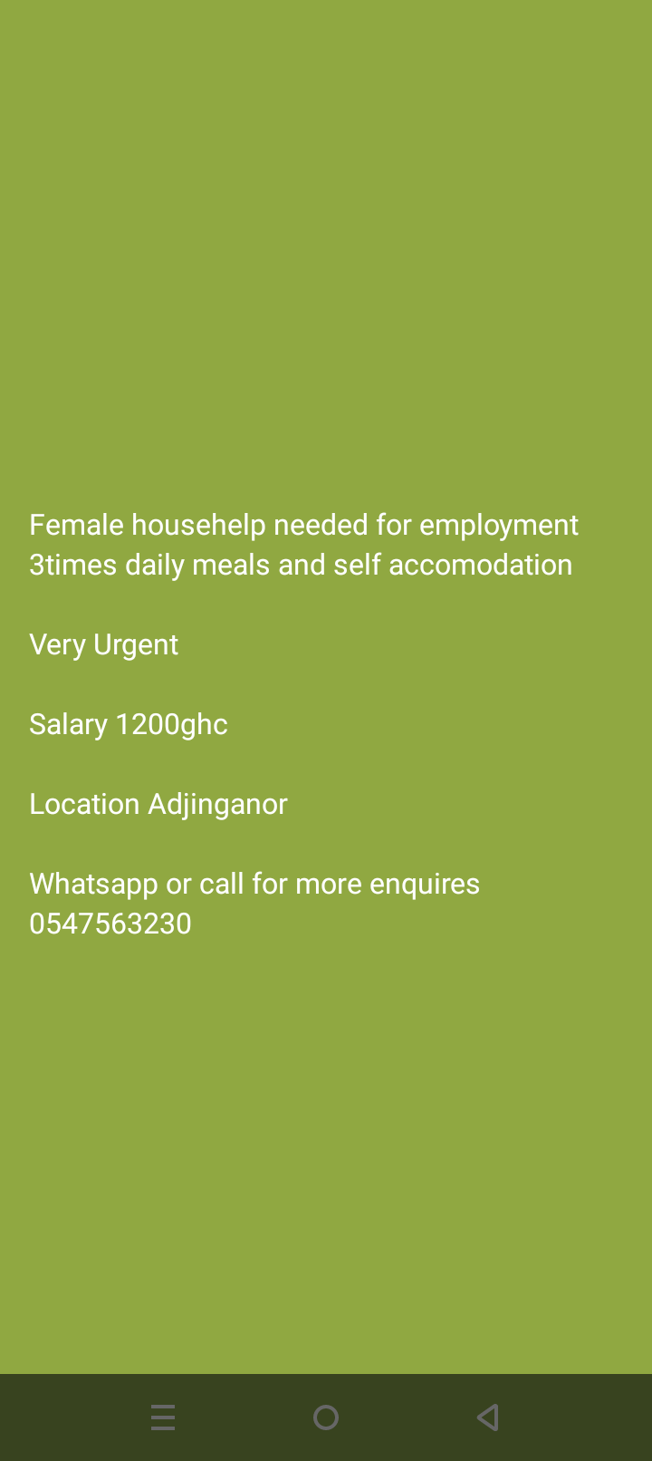 Female Househelp Needed For Employment With Food And Accomodations