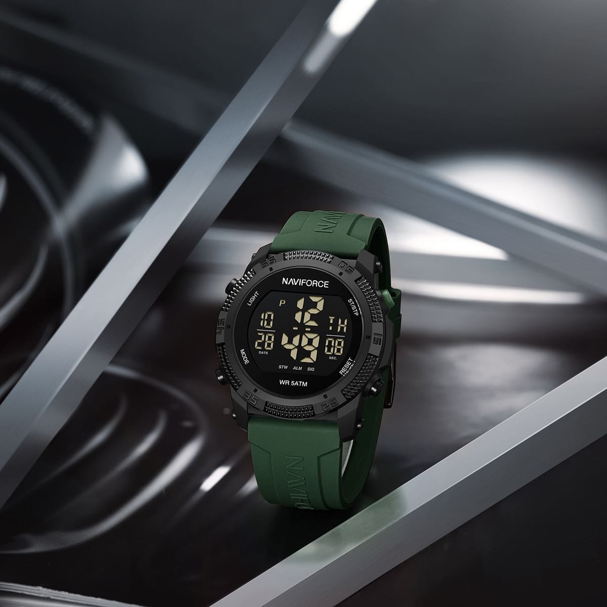Naviforce Digital Display Sports Silicon Strap Quartz Wrist Watch, NF7104. Black and Green.