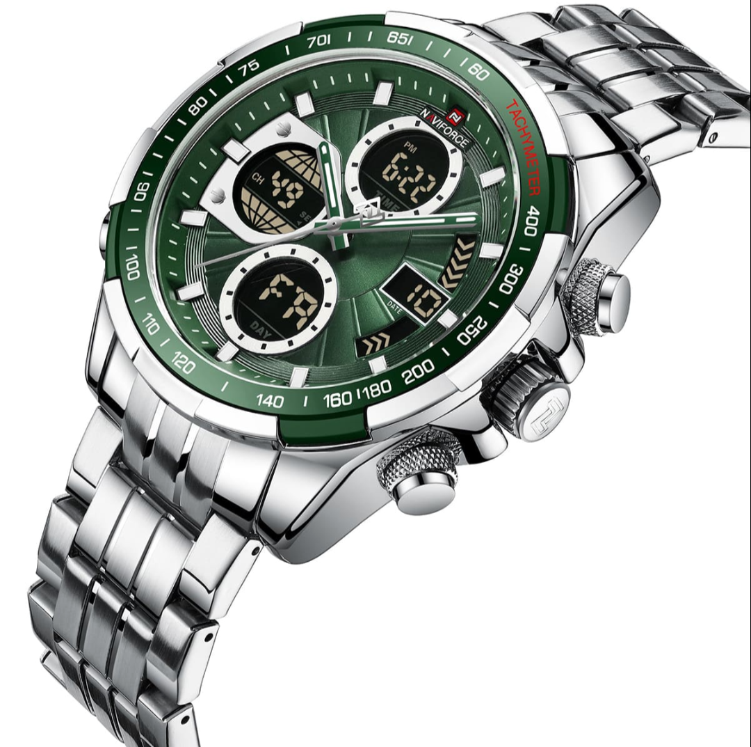 Naviforce Luxurious Men Analog Digital Chronograph Stainless Steel Quartz Wrist Watch -NF9197, NF9197. Silver and Green.