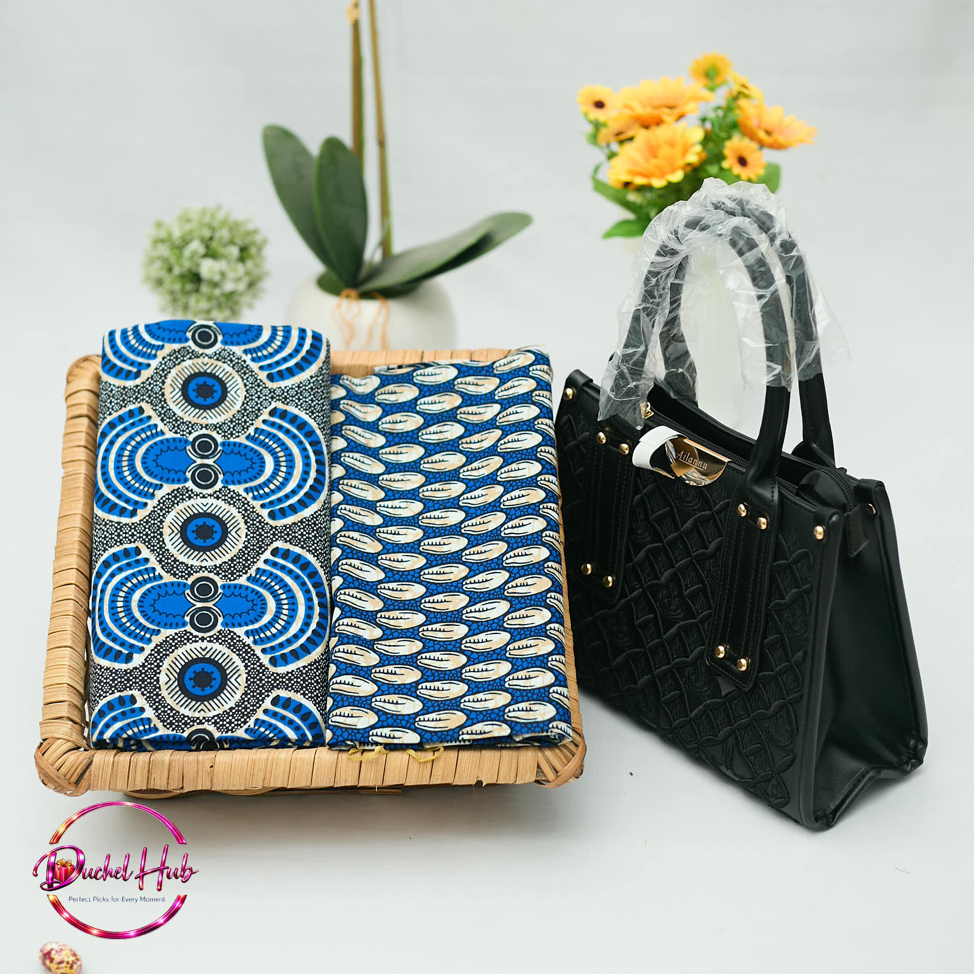 Elegant Ankara Fabric &amp; Matching Black Handbag Set