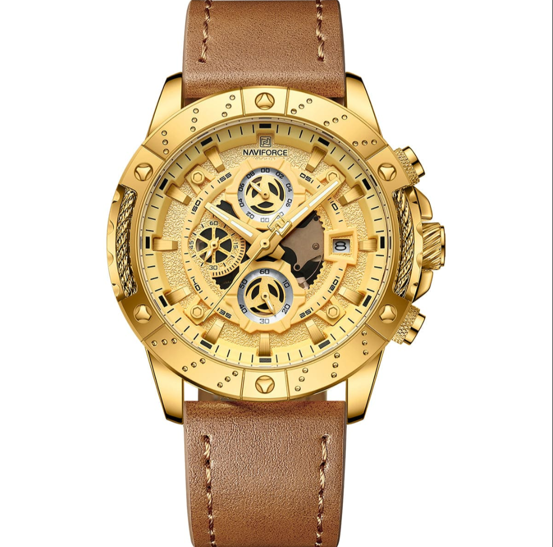 Naviforce Luxurious Wrist Watch For Men High Quality Multifunction Chronograph Leather Business Sports Wrist watch, NF8055. Gold and Brown.