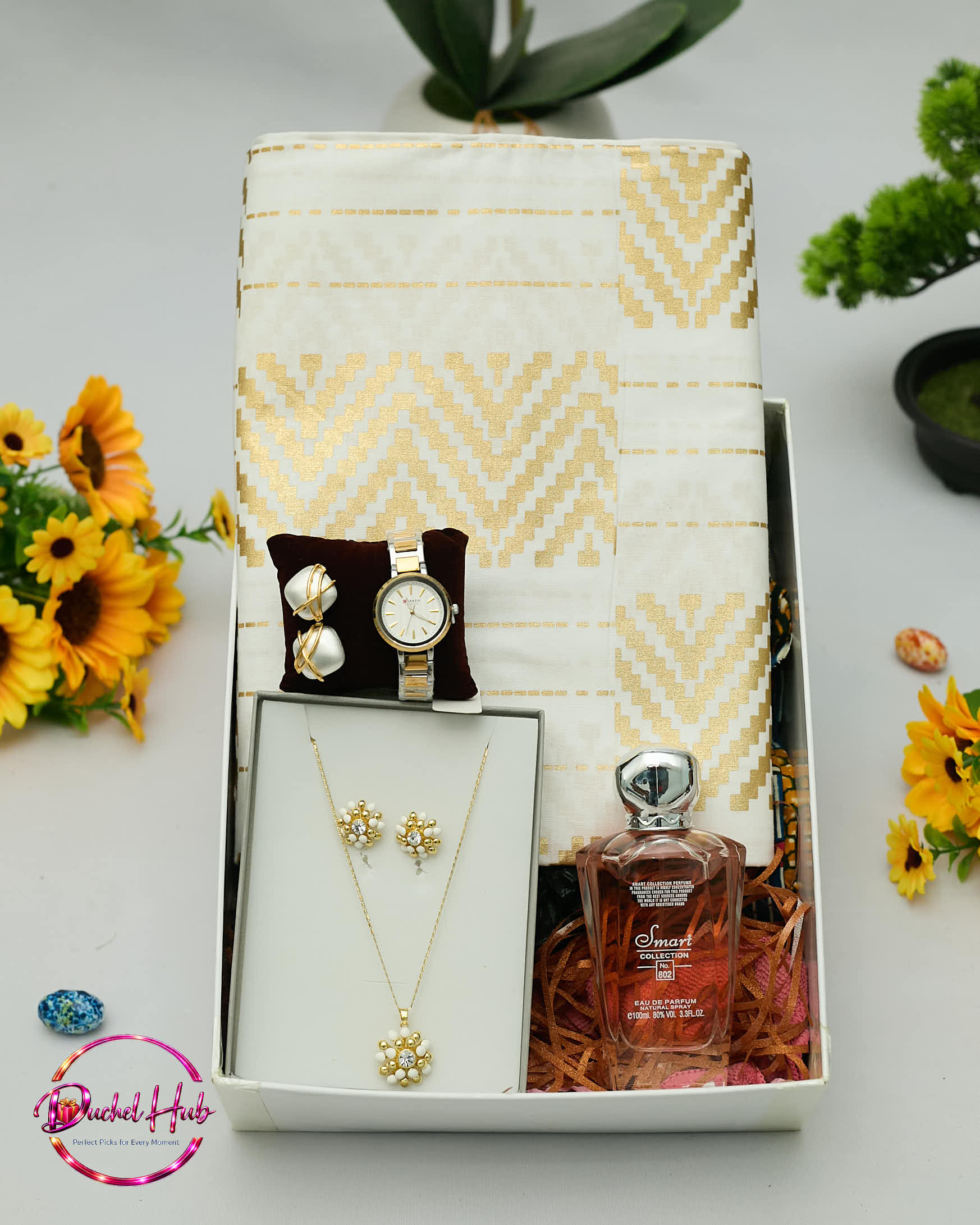 Elegant Women’s Gift Set: Kente Gold Fabric, Jewelry, Watch &amp; Perfume