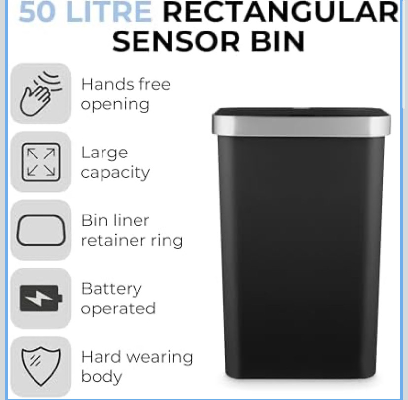 Tower Rectangular Abs Sensor Bin With Bin Liner Retainer , 50l, Black