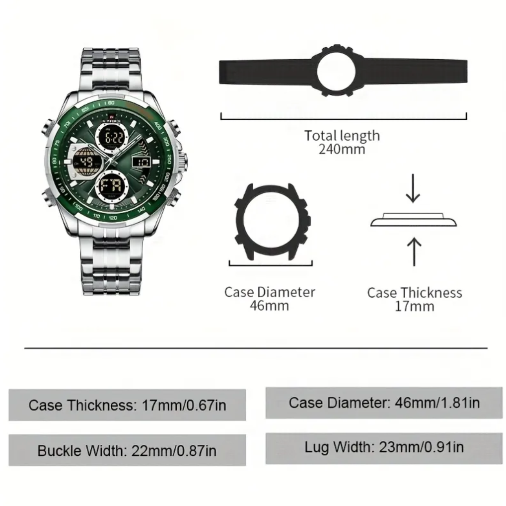 Naviforce Luxurious Men Analog Digital Chronograph Stainless Steel Quartz Wrist Watch -NF9197, NF9197. Silver and Green.